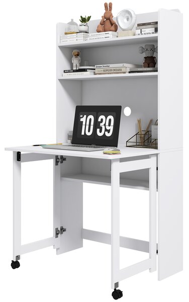 HOMCOM Scrivania per computer con scaffali per archiviazione piano ribaltabile 2 ruote per camera soggiorno 80 x 69 x 153 cm bianco