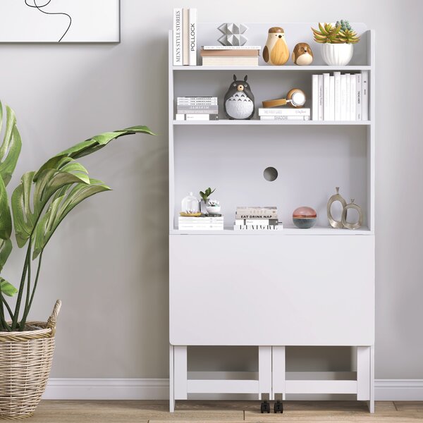 HOMCOM Scrivania per computer con scaffali per archiviazione piano ribaltabile 2 ruote per camera soggiorno 80 x 69 x 153 cm bianco