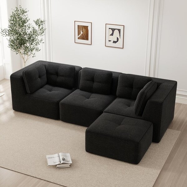 Divano angolare modulare Cord nero, divano a forma di L con poggiapiedi, divano da soggiorno a 3 posti con seduta profonda, design minimalista senza struttura a vista, dimensioni 297x177x69 cm