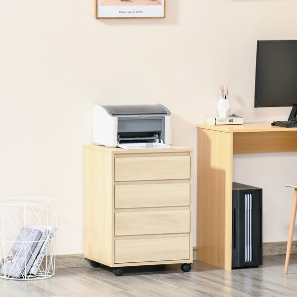 HOMCOM Mobiletto per ufficio con 4 cassetti scorrevoli in legno effetto legno chiaro su ruote