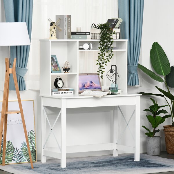 HOMCOM Scrivania con spazio di archiviazione, scrivania libreria in legno moderno con mensole e ampio piano per spazi ridotti ufficio a casa camera da letto, 105 x 50 x 137,5 cm, bianco
