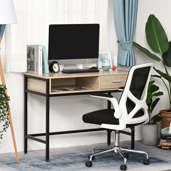 HOMCOM Scrivania con archiviazione scrivania industriale scrivania computer con cassetto struttura metallo Nero Piano legno rovere chiaro