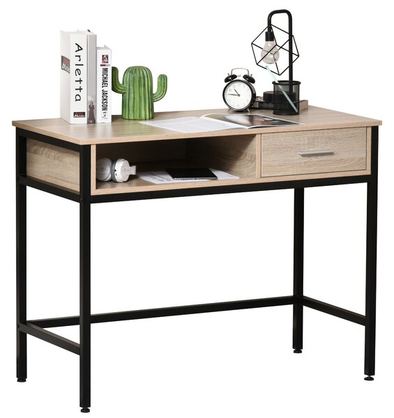HOMCOM Scrivania con archiviazione scrivania industriale scrivania computer con cassetto struttura metallo Nero Piano legno rovere chiaro