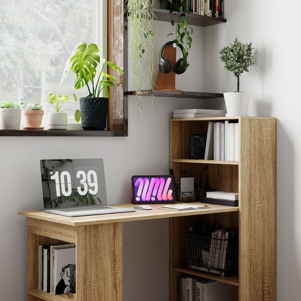 HOMCOM Scrivania per Computer con Mensola Scrivania ad Angolo Libreria Adiacente Multi-Archiviazione Rovere