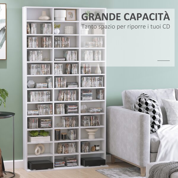HOMCOM Libreria Porta CD in Legno con 3 Colonne da 12 Ripiani ad Altezza Regolabile, 102x23.5x195 cm, Bianco | Aosom Italy