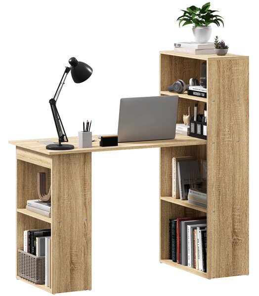 HOMCOM Scrivania per Computer con Mensola Scrivania ad Angolo Libreria Adiacente Multi-Archiviazione Rovere