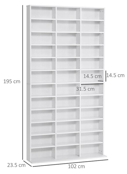 HOMCOM Libreria Porta CD in Legno con 3 Colonne da 12 Ripiani ad Altezza Regolabile, 102x23.5x195 cm, Bianco | Aosom Italy