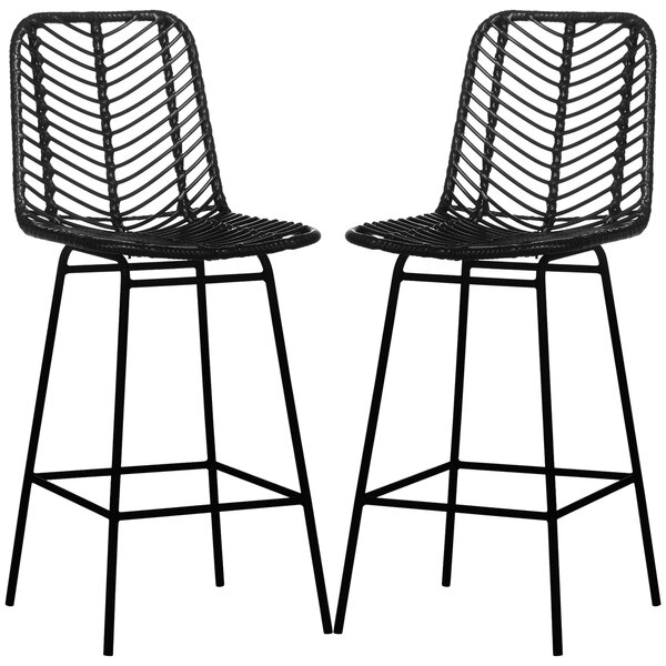 HOMCOM Set di 2 sgabelli da bar design bohémien altezza 66 cm con poggiapiedi in metallo e rattan PE - nero
