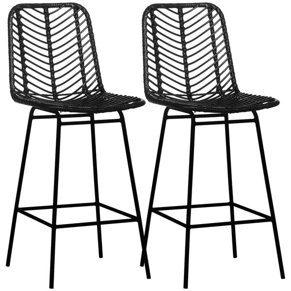 HOMCOM Set di 2 sgabelli da bar design bohémien altezza 66 cm con poggiapiedi in metallo e rattan PE - nero