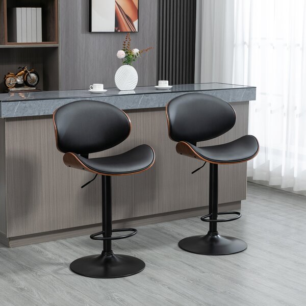 Set 2 Sgabelli da Bar con Schienale 53x52x92-112 cm in Legno e Finta Pelle Nero