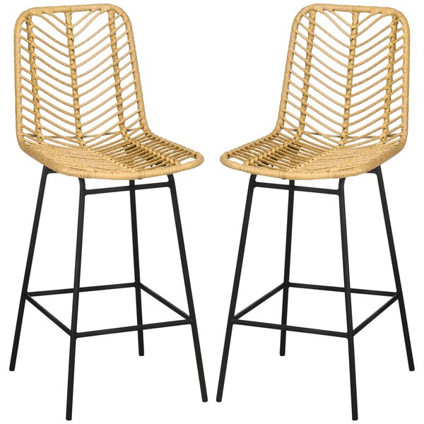 HOMCOM Set di 2 sgabelli da bar design bohémien Altezza 66 cm con poggiapiedi in metallo e midollino PE - naturale