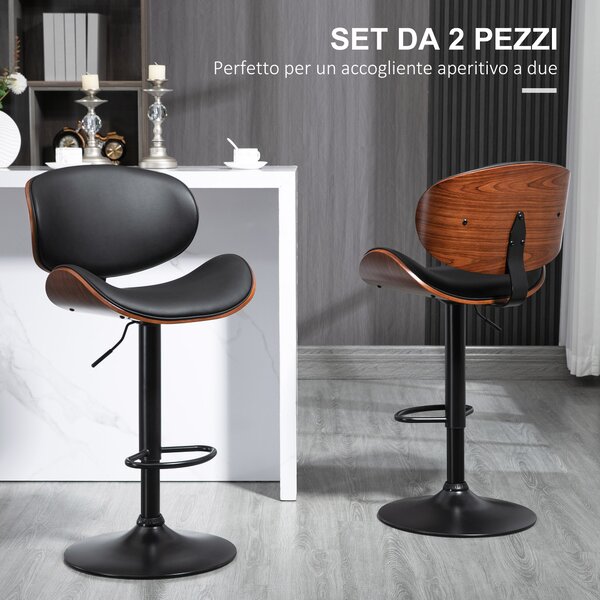 HOMCOM Set 2 Sgabelli da Bar con Schienale Regolabili in Altezza, Legno e Finta Pelle, 53x52x92-112 cm, Nero | Aosom Italy