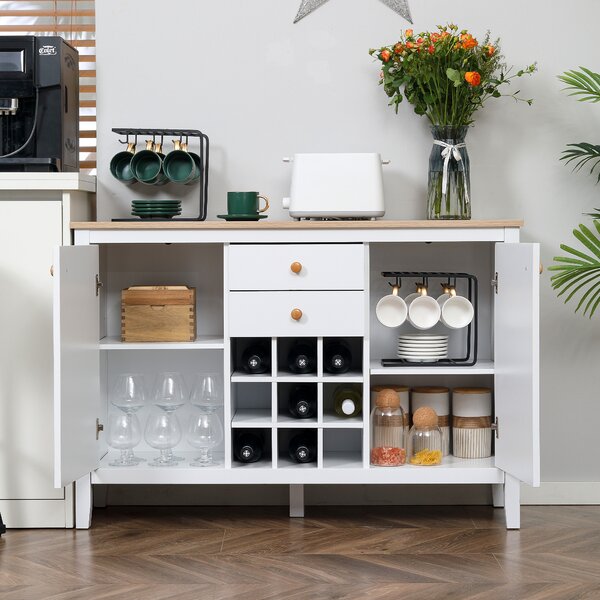 HOMCOM Buffet mobile da cucina con 2 cassetti, 2 porte ripiani regolabili e portabottiglie per 9 bottiglie, bianco
