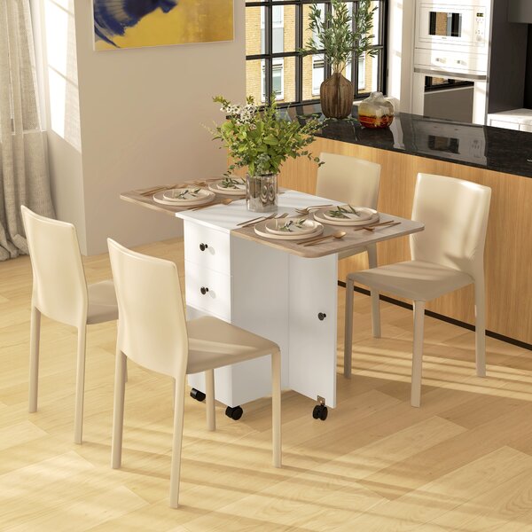 Tavolo Salvaspazio Pieghevole a Ribalta con 2 Cassetti e Armadietto 120x60x76,5 cm in Legno Bianco e Rovere