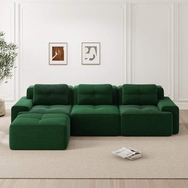 Divano modulare a forma di L, con poggiapiedi, rivestito in corda verde, 3 posti, dimensioni 293x177x69 cm, tessuto in corda ideale per chi ha animali domestici, divano da salotto, non richiede montaggio