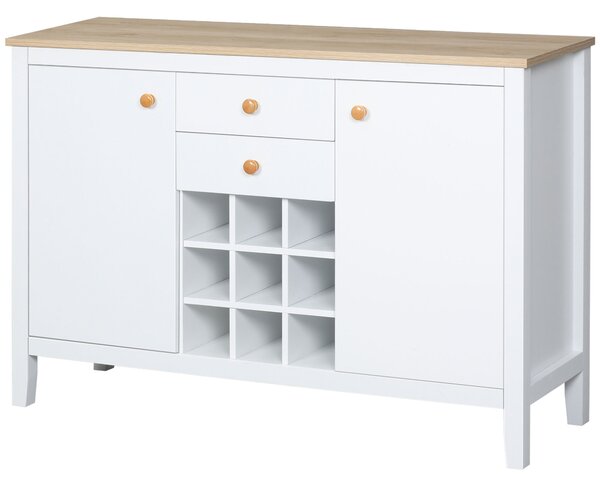 HOMCOM Buffet mobile da cucina con 2 cassetti, 2 porte ripiani regolabili e portabottiglie per 9 bottiglie, bianco