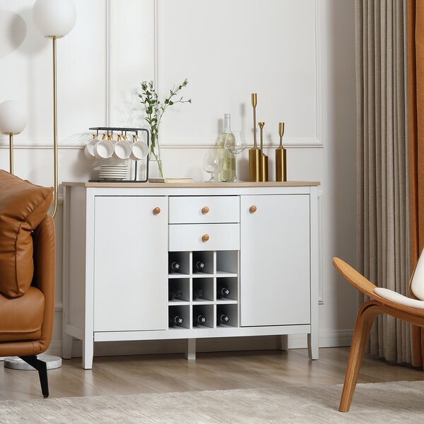 HOMCOM Buffet mobile da cucina con 2 cassetti, 2 porte ripiani regolabili e portabottiglie per 9 bottiglie, bianco