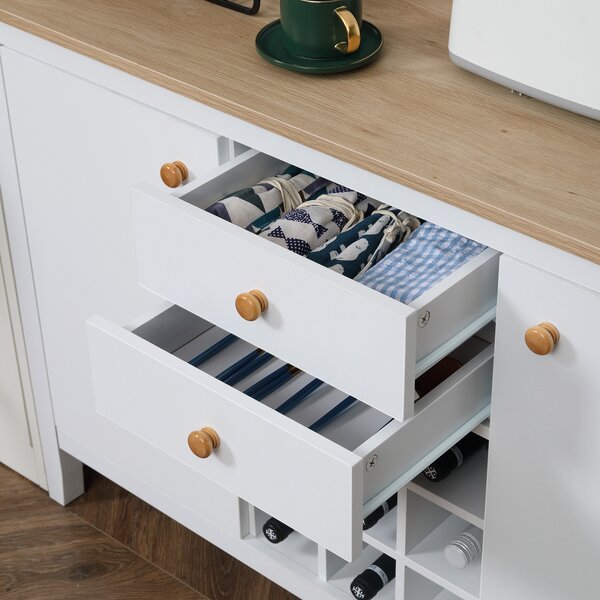 HOMCOM Buffet mobile da cucina con 2 cassetti, 2 porte ripiani regolabili e portabottiglie per 9 bottiglie, bianco