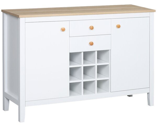 HOMCOM Buffet mobile da cucina con 2 cassetti, 2 porte ripiani regolabili e portabottiglie per 9 bottiglie, bianco