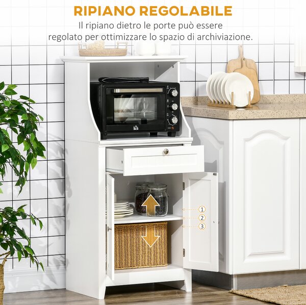 HOMCOM Mobile Cucina per Microonde con Cassetto e Armadietto 2 Ante, 60x40x122.5 cm, Bianco | Aosom Italy