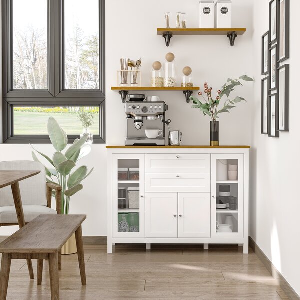 HOMCOM Mobile Cucina con 2 Cassetti e 3 Armadietti, Ante in Vetro e Ripiani Regolabili, 120x40x90 cm, Bianco e Rovere | Aosom Italy