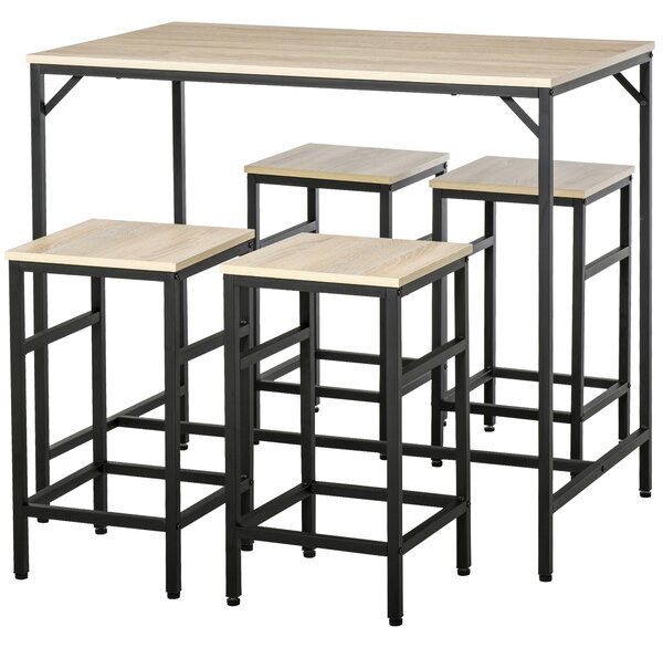 HOMCOM Set Tavolo da Bar Industriale + 4 Sgabelli Poggiapiedi in Legno colore Rovere Chiaro Telaio in Metallo Nero