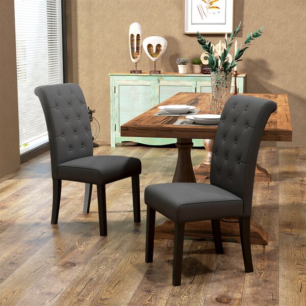 HOMCOM Set di 2 Sedie con linee e posteriori curvi, schienale capitonné con bottoni e piedi in legno, stile Chesterfield, Grigio Scuro| Aosom Italy