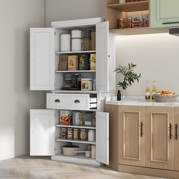 HOMCOM Credenza da cucina alta, con ripiani regolabili, 4 porte, grande cassetto, 76,2 x 40,2 x 183 cm Bianco | Aosom Italy