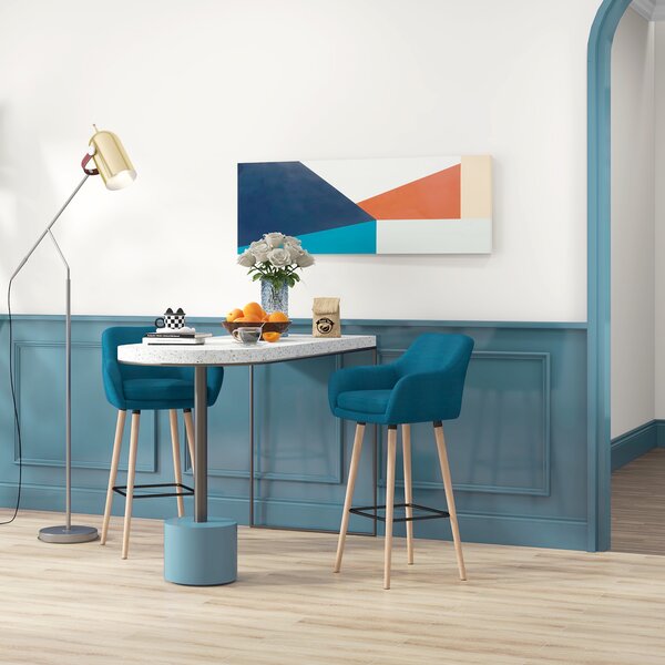 HOMCOM Sgabelli da Bar Design Scandinavo - Set di 2 Sgabelli da Bar Grand Confort con Poggiapiedi e Braccioli - Legno Massiccio Lino Blu