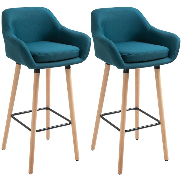 HOMCOM Sgabelli da Bar Design Scandinavo - Set di 2 Sgabelli da Bar Grand Confort con Poggiapiedi e Braccioli - Legno Massiccio Lino Blu