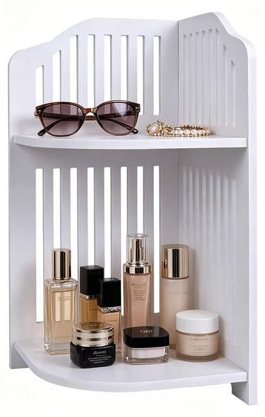 Scaffale angolare a 2 livelli per cosmetici e articoli decorativi