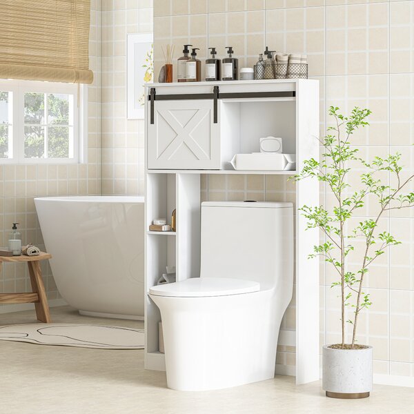 HOMCOM Mobile di archiviazione sopra il water con porta scorrevole, Mobile scaffale sopra WC, ripiano regolabile, bianco