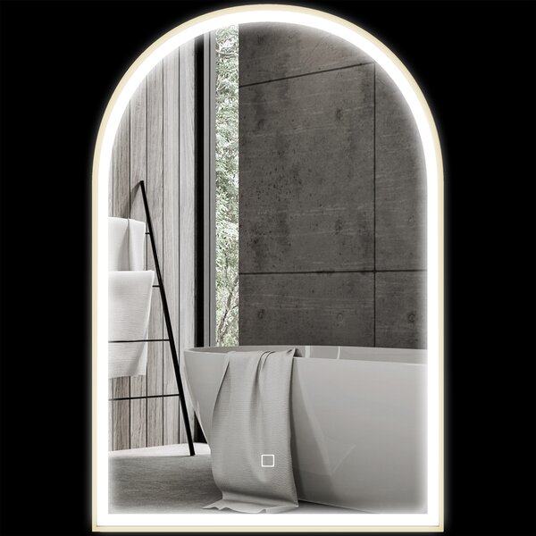 HOMCOM Specchio da bagno LED 90 x 60cm, a parete, 3 colori, arco cornice in alluminio, sbrinamento e interruttore tattile