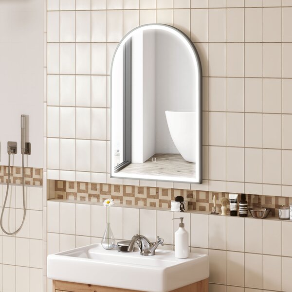 HOMCOM Specchio da bagno LED 90 x 60cm, da parete, 3 colori, a arco, cornice in alluminio, anti-appannamento e interruttore tattile