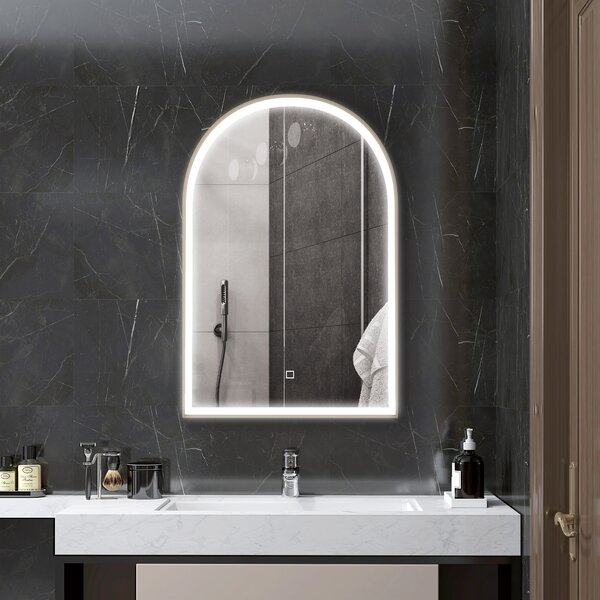HOMCOM Specchio da bagno LED 90 x 60cm, a parete, 3 colori, arco cornice in alluminio, sbrinamento e interruttore tattile