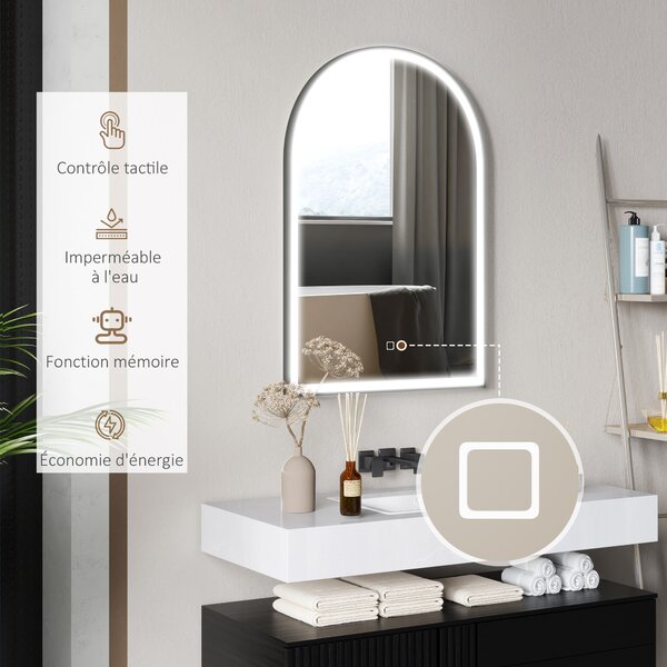HOMCOM Specchio da bagno LED 90 x 60cm, da parete, 3 colori, a arco, cornice in alluminio, anti-appannamento e interruttore tattile