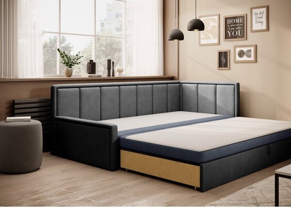 Divano blu/grigio allungabile/con contenitore e rivestimento in ciniglia 214 cm Fulgeo – ELTAP
