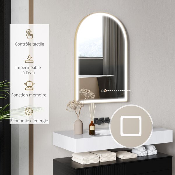 HOMCOM Specchio da bagno LED 90 x 60cm, a parete, 3 colori, arco cornice in alluminio, sbrinamento e interruttore tattile