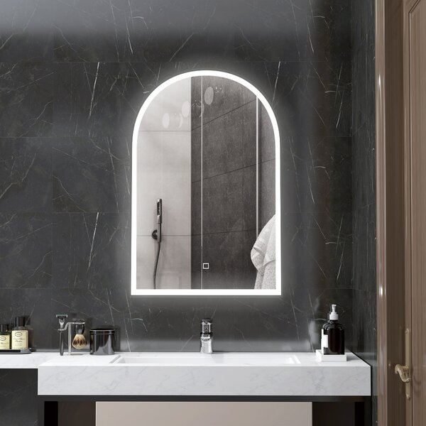 HOMCOM Specchio da bagno LED 90 x 60cm, da parete, 3 colori, a arco, cornice in alluminio, anti-appannamento e interruttore tattile