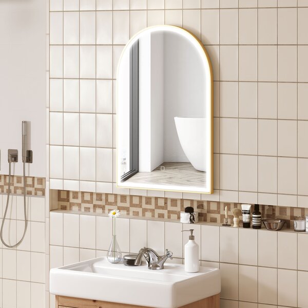 HOMCOM Specchio da bagno LED 90 x 60cm, a parete, 3 colori, arco cornice in alluminio, sbrinamento e interruttore tattile