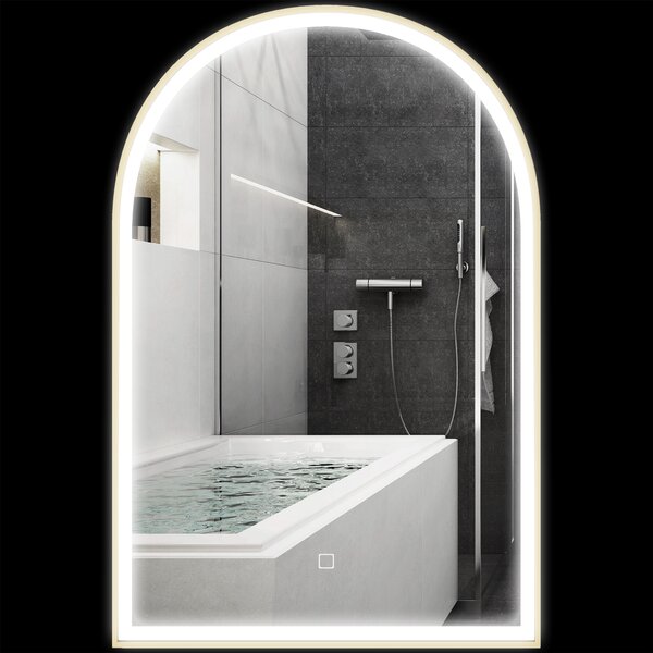 HOMCOM Specchio da bagno LED 90 x 60cm, a parete, 3 colori, arco cornice in alluminio, sbrinamento e interruttore tattile