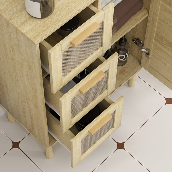 HOMCOM Mobile da bagno in stile bohémien con 3 cassetti e 3 mensole, frontale in rattan intrecciato, compatto, 55 x 30 x 82 cm