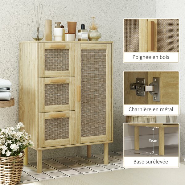 HOMCOM Mobile da bagno in stile bohémien con 3 cassetti e 3 mensole, frontale in rattan intrecciato, compatto, 55 x 30 x 82 cm
