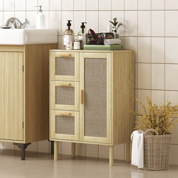 HOMCOM Mobile da bagno in stile bohémien con 3 cassetti e 3 mensole, frontale in rattan intrecciato, compatto, 55 x 30 x 82 cm