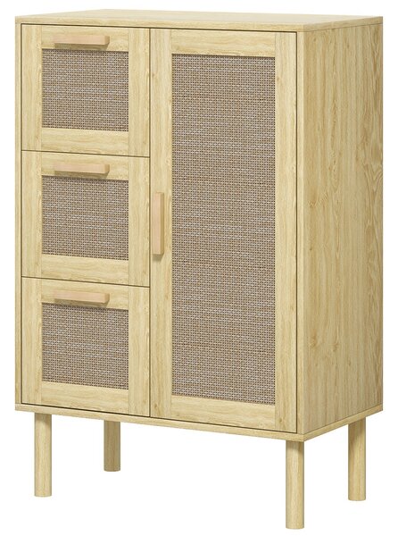 HOMCOM Mobile da bagno in stile bohémien con 3 cassetti e 3 mensole, frontale in rattan intrecciato, compatto, 55 x 30 x 82 cm