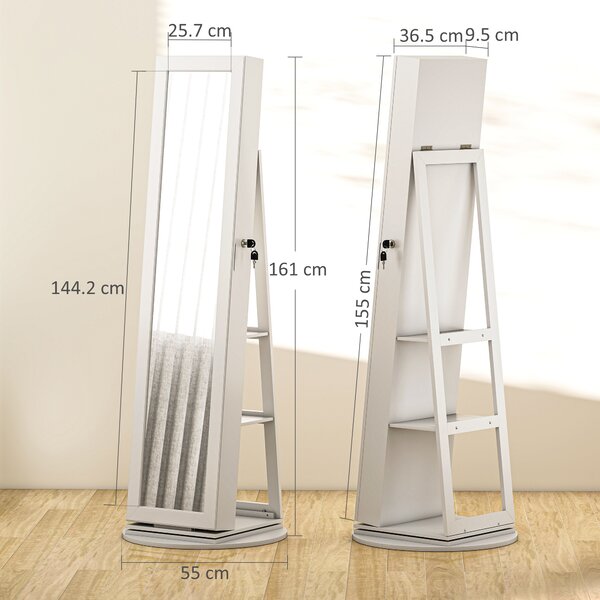 HOMCOM Specchio Portagioie 3 in 1 Girevole a 360°, Ripiani Posteriori e Anta con Chiave, 55x55x161 cm, Bianco | Aosom Italy