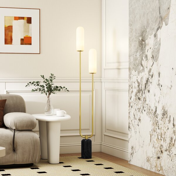 Lampada da Terra a U con 2 Luci 26x12x150 cm Interruttore a Pedale e Base in Marmo Bianco Nero e Oro