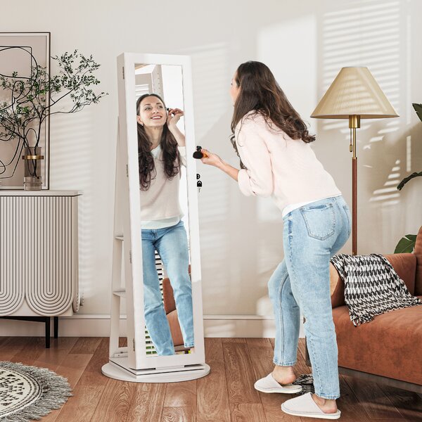 HOMCOM Specchio Portagioie 3 in 1 Girevole a 360°, Ripiani Posteriori e Anta con Chiave, 55x55x161 cm, Bianco | Aosom Italy