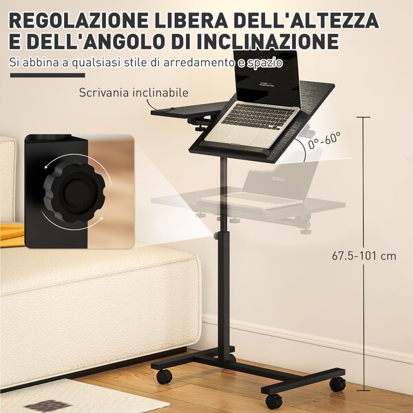 HOMCOM Tavolino da Divano Porta PC a Forma di C con Ruote Bloccabili e Piano Inclinabile, Nero | Aosom Italy