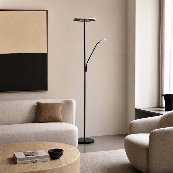 Lucande Lampada da terra con luce lettura Raymond, dimmerabile, Nero, Soggiorno / Sala da pranzo, Metallo, Moderno, Lampada LED da terra